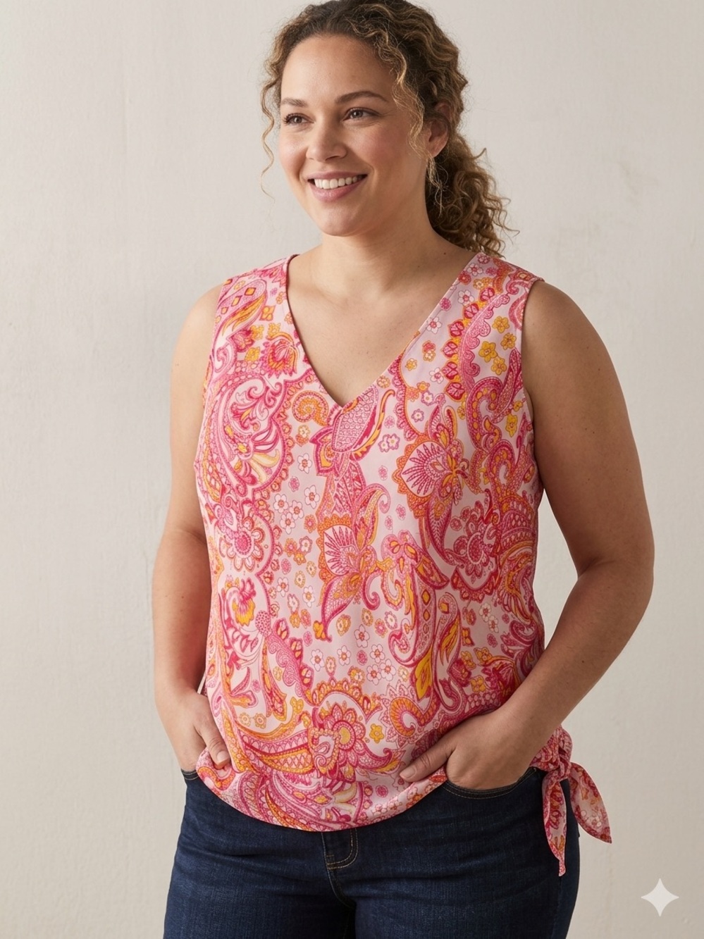 Context Silk Pink Paisley V-Neck With Bottom Tie 18W